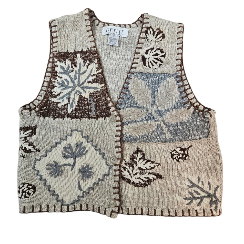 Petite Sophisticate Vintage Knit Sweater Vest Botanical Patchwork Tan Small D36 - Picture 9 of 9